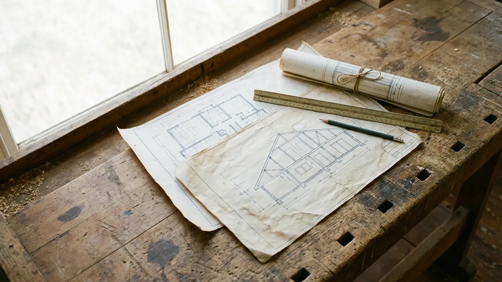 Overhead view of architectural floor plan and structural elevation drawings spread on a workbench with a scale ruler and pencil.